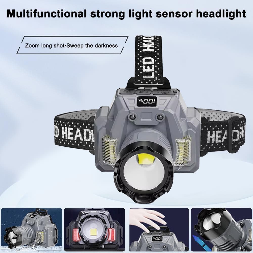 Lanterna de Cabeça Recarregável Tática IPX4 - Power Bank, Foco 500m e 11h Duração (2 Baterias Inclusas)