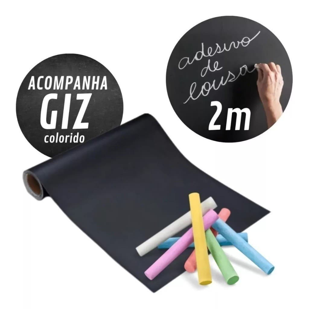 Papel de Parede Adesivo PVC Com 5 Giz Coloridos Lousa Quadro Negro Preto Fosco Escrever 2Mx45CM