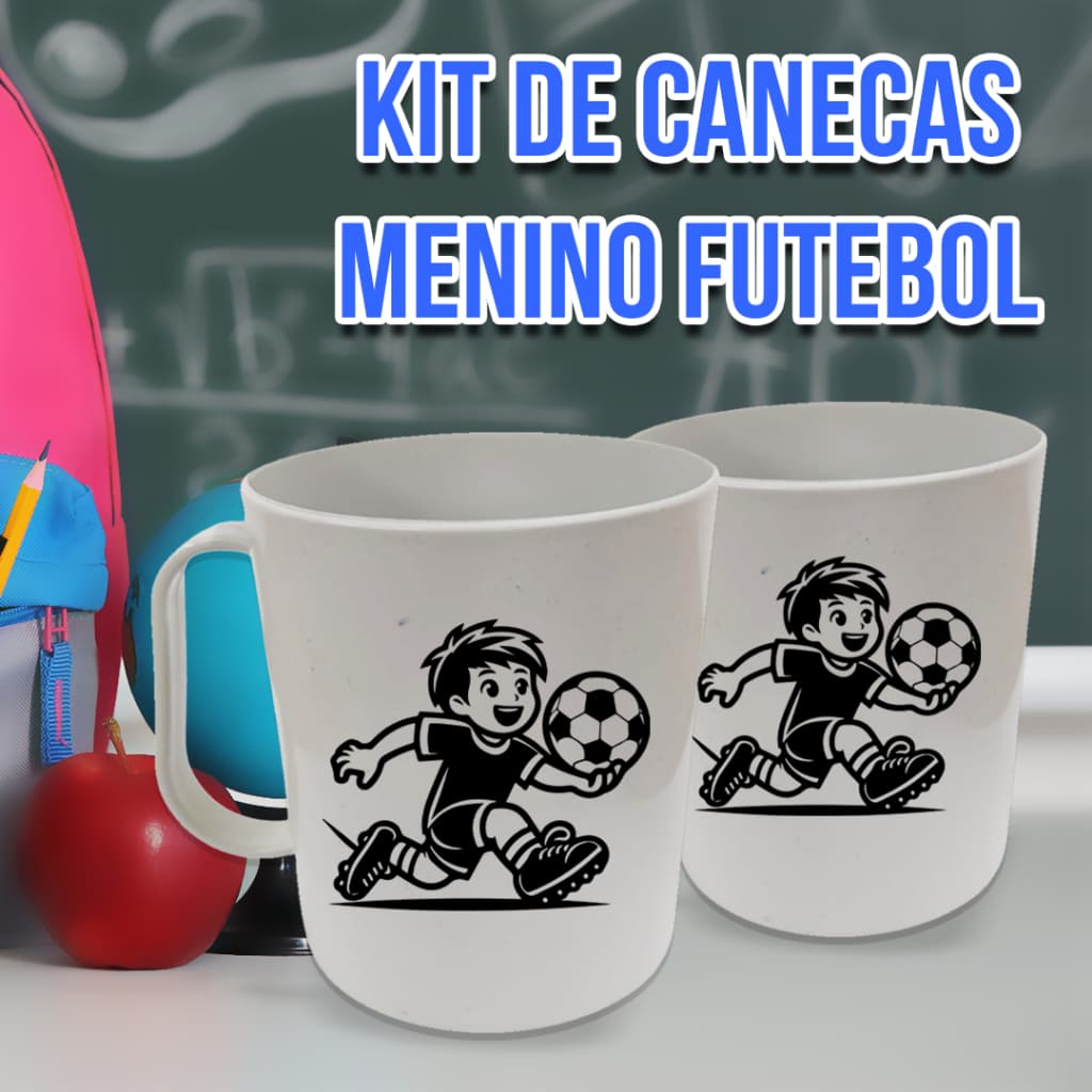 KIT 10 CANECAS MENINO FUTEBOL DIA DAS CRIANÇAS 400ML PLÁSTICO PRESENTES ESCOLA AMIGOS ANIVERSÁRIO