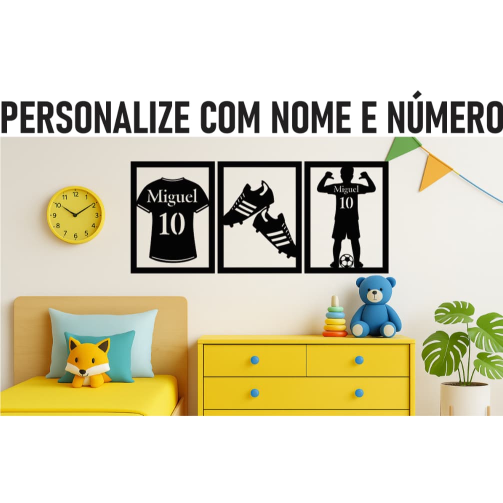 Kit 3 Quadros Decorativos de Camiseta de Futebol com Nome e Numero Personalizado em MDF 3mm