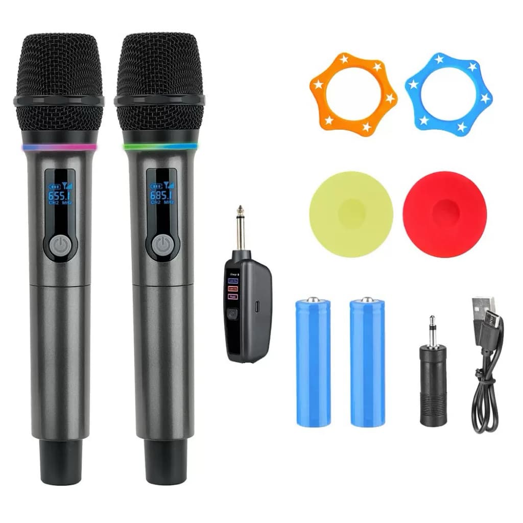 Kit 2 Microfones Dinâmico Sem Fio Profissional Recarregável Uhf para Karaokê BMAX BM-248B