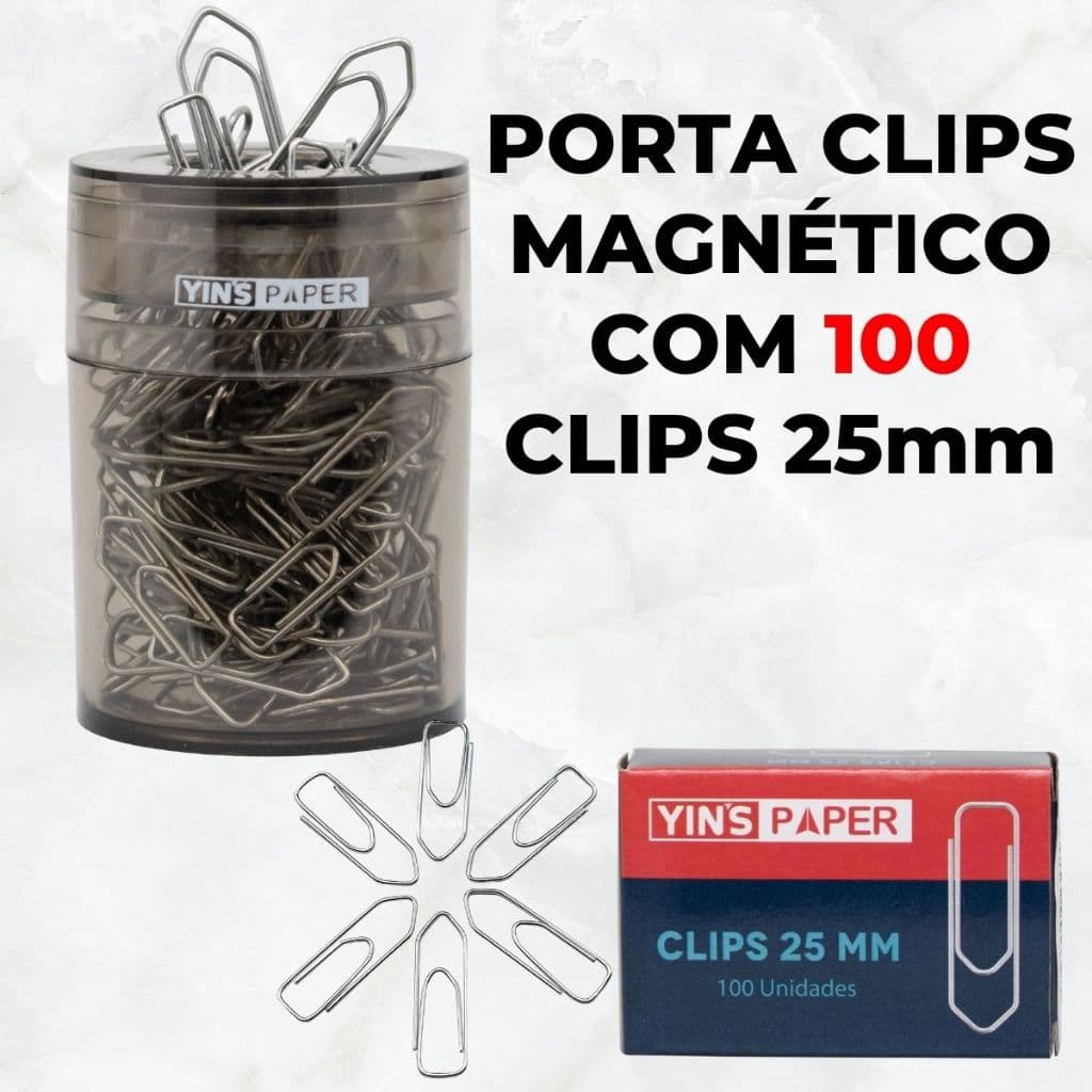 Porta Clips Magnetico com 100 Clips 25mm Organizador de Clips Yins Paper