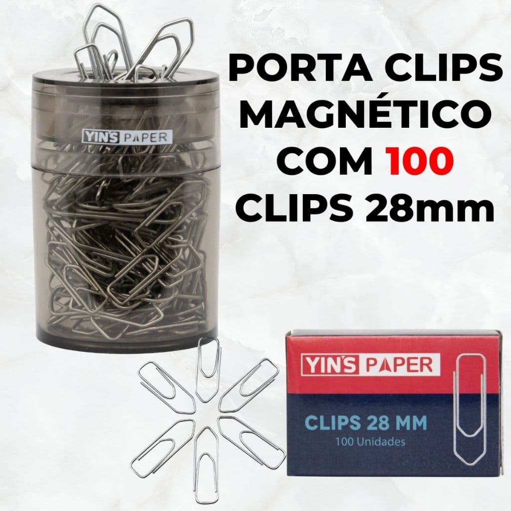 Porta Clips Magnetico com 100 Clips 28mm N 2 Organizador de Clips Yins Paper