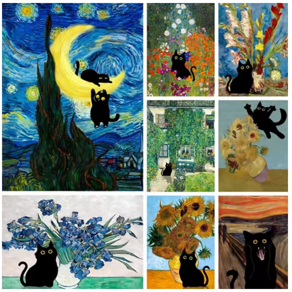 Kit 10 Quadros Decorativos Arte Clássica Gato Preto Divertida Van Gogh