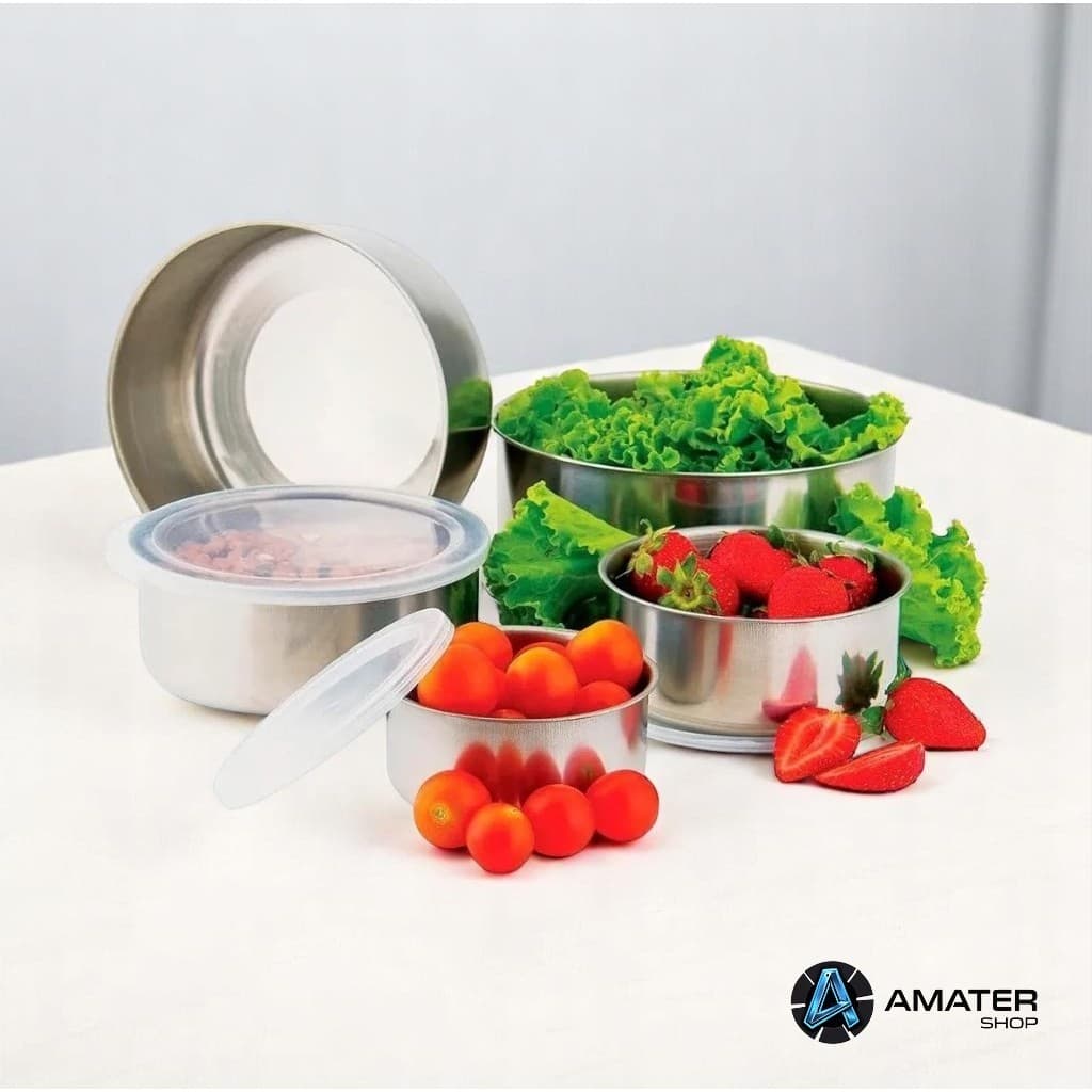 Conjunto de Potes Tigelas Aço Inox Cozinha Com Tampa Redondo Resistente com design moderno 5 peças