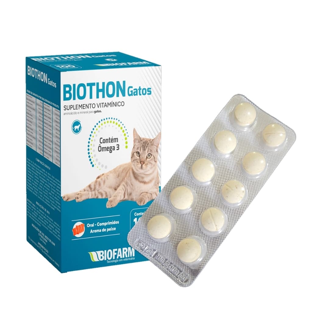 Biothon Gatos Suplemento Vitamínico para Gatos Comprimidos Aroma de Peixe Vitamina para Gato Biofarm
