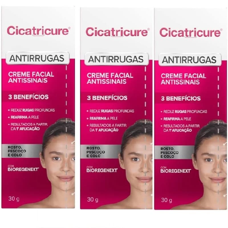 KIT 3 UNID CICATRICURE CREME FACIAL ANTIRRUGAS - 50G