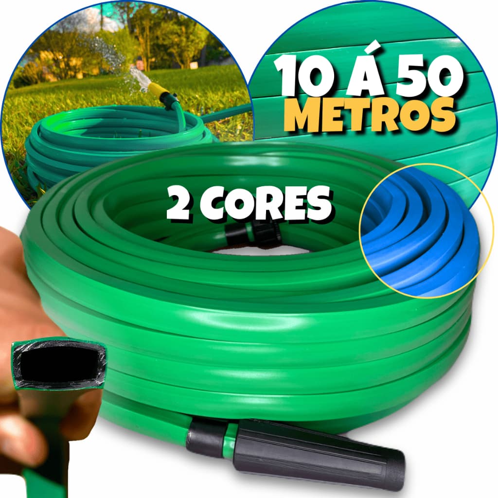 Mangueira de Jardim Chata Verde e Azul Antitorção Resistente Flexível 7/16" 10m á 50m