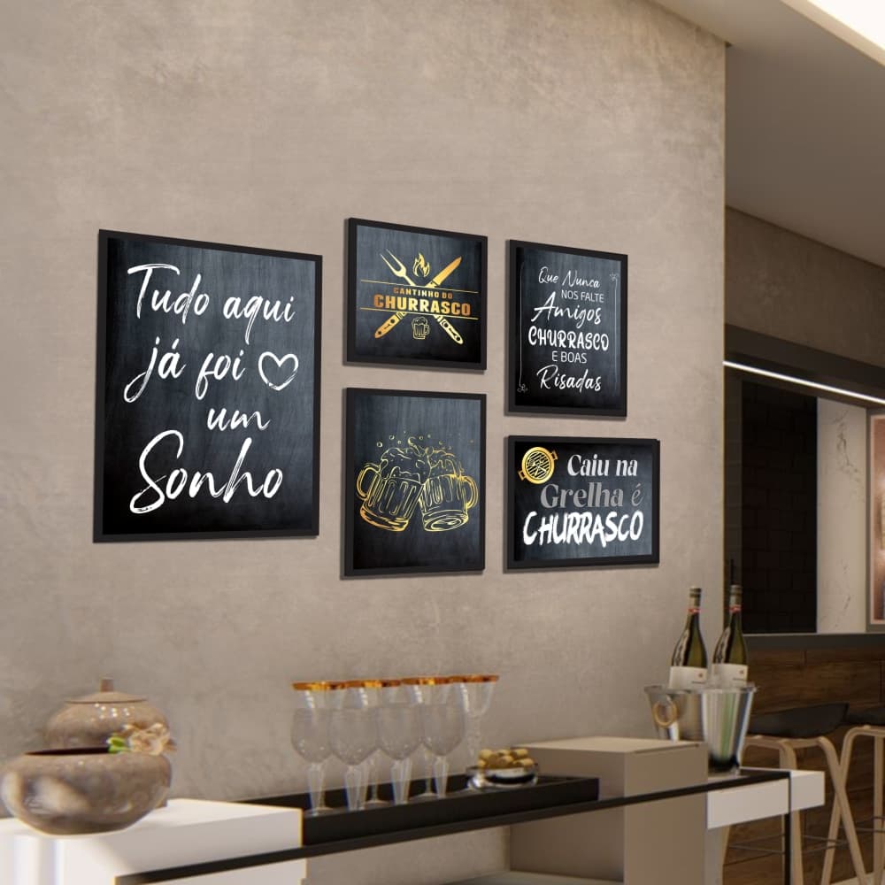 Composição de Quadros Decorativos Área de Churrasco Gourmet Moldura Caixa TokQuadros