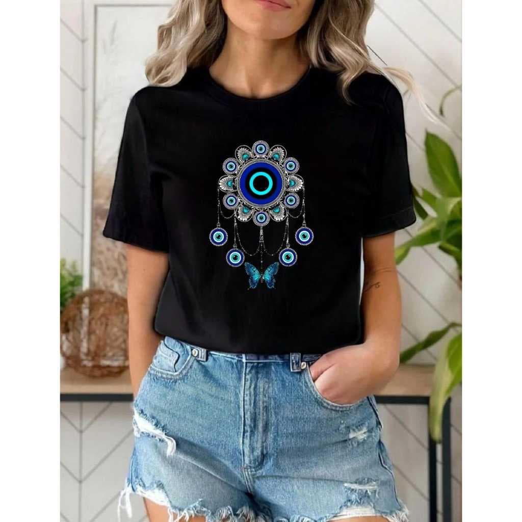 Camiseta Blusa Feminina Estilosa T-shirt Estampada Olho Grego Afastar Energias Negativas