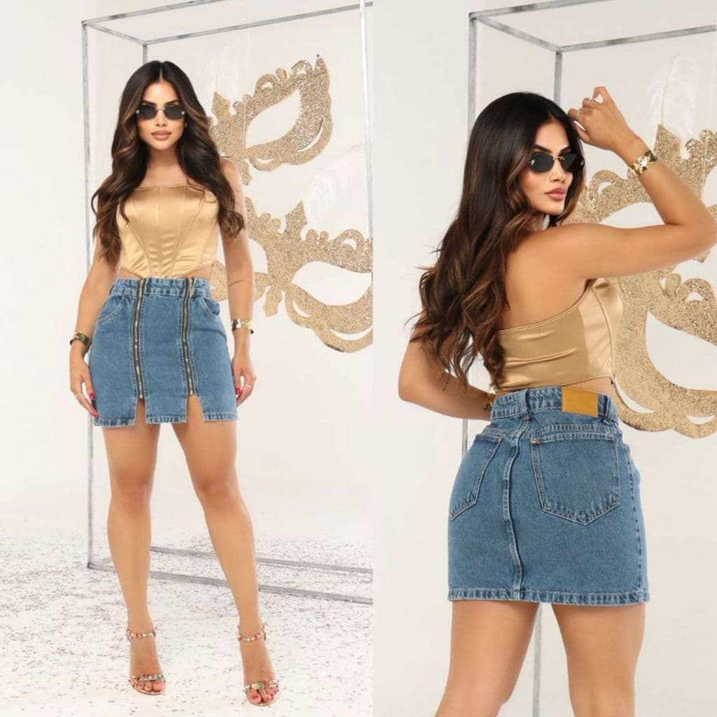 Mini Saia Jeans Feminina Cintura Alta Ziper Frontal E Bolso