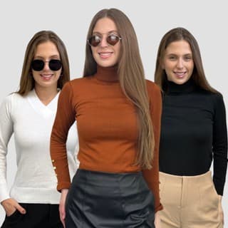 Kit 3 Blusa Feminina de Frio Tricô Gola Alta Manga Longa Lã Suéter Decote V Botão