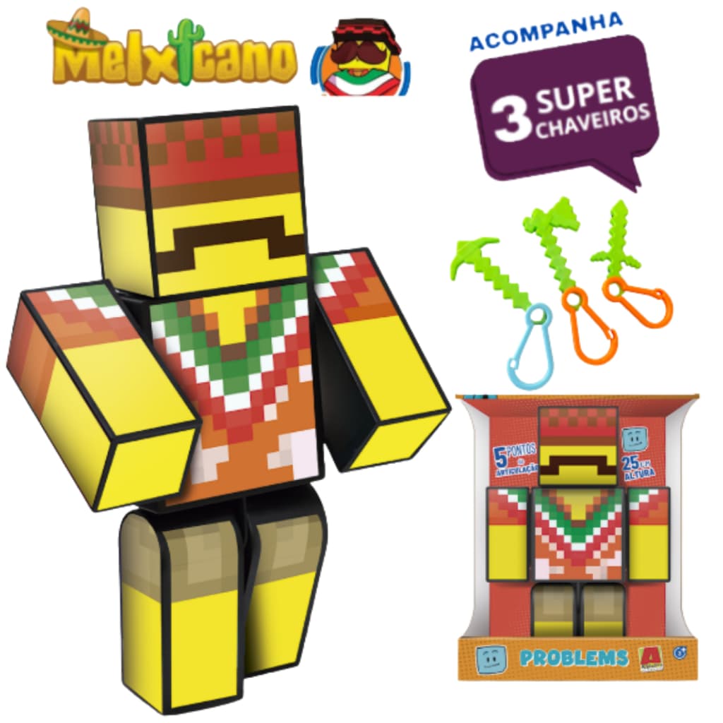 Boneco Youtuber Melxicano + 3 chaveiros - Turma do Problems -original gamer craft