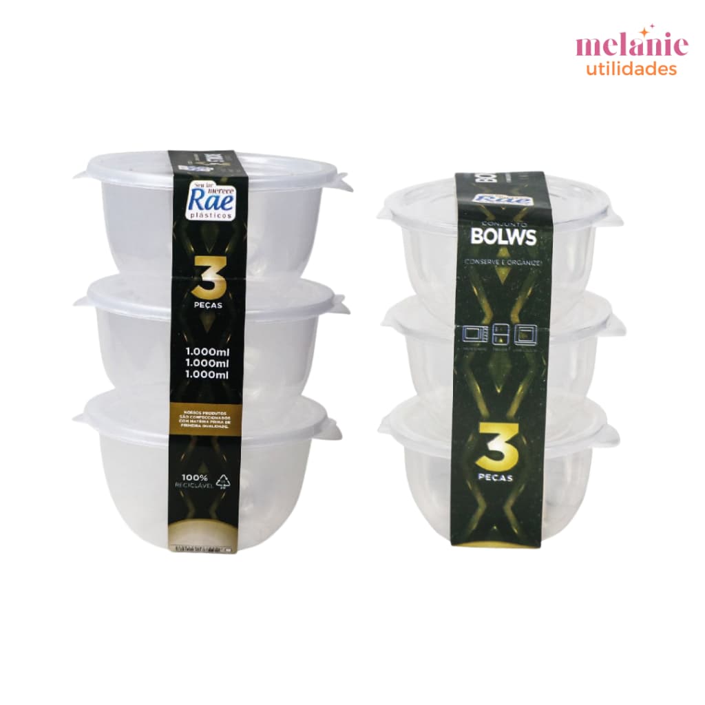 Kit Conjunto 6 Peças Bowls de Plástico Premium Transparentes 1 Litro e 350ml para Cozinha Armazenar Alimentos