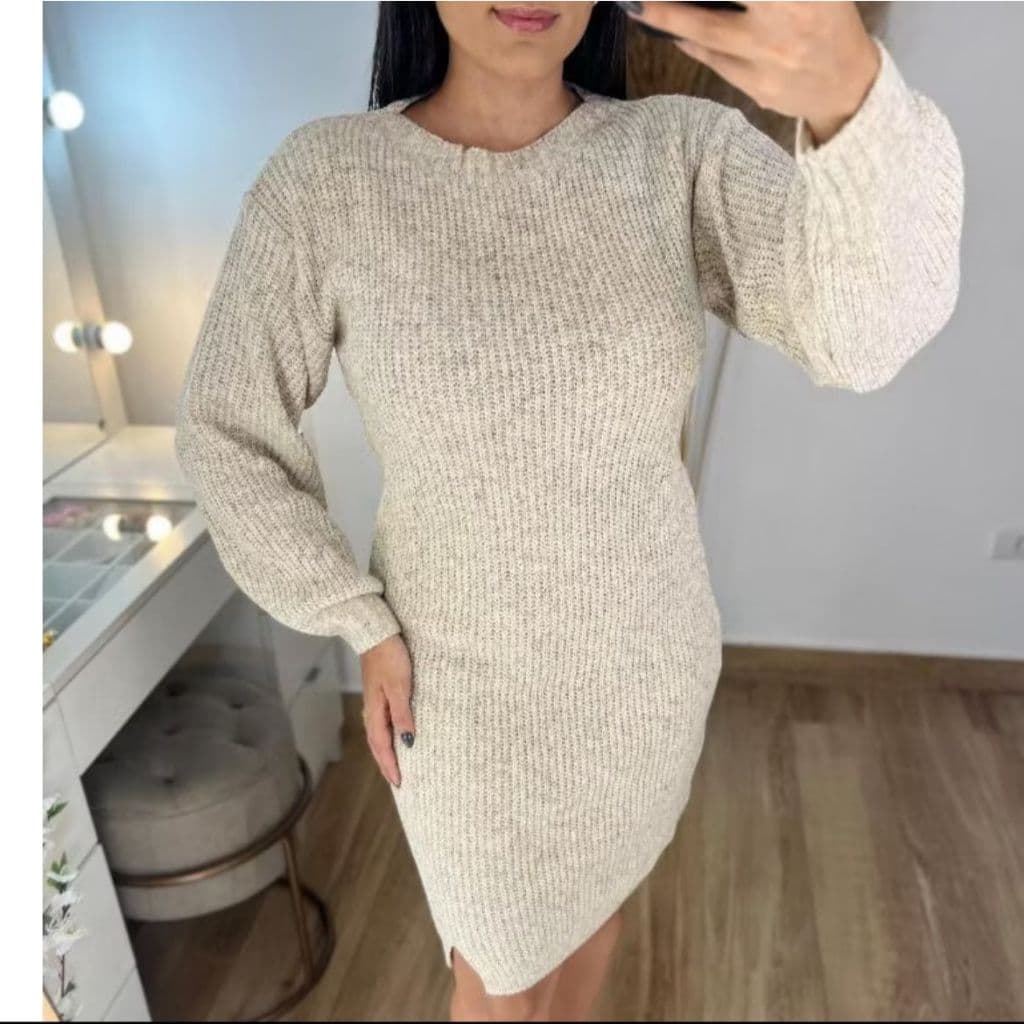 Vestido Tricot Mini Fio Mousse Quentinho Com Fenda Manga Longa Inverno