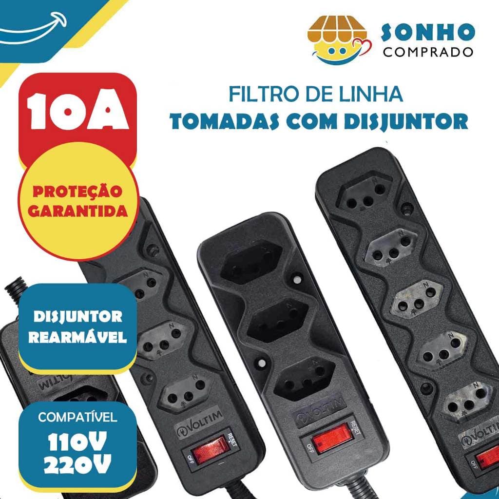 Filtro De Linha Com Djuntor rearmavel 10A Preto Voltim Diversos tamanhos 2-3-4-5 Tomadas 1,5-2-3-4-5 metros