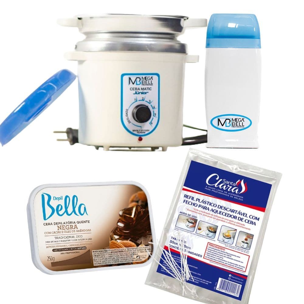 Kit Termocera 400g Branco com Azul + Roll-on + Refil Plástico + Cera em barra 250g