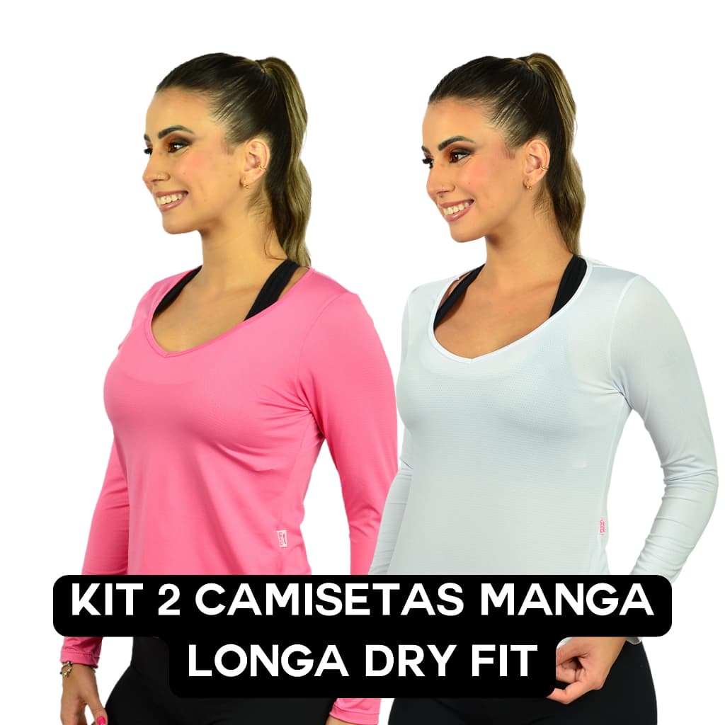 Kit 2 Camisetas Manga Longa Feminina Dry Fit Gola V Blusa Academia Segunda Pele Proteção Frio Praia