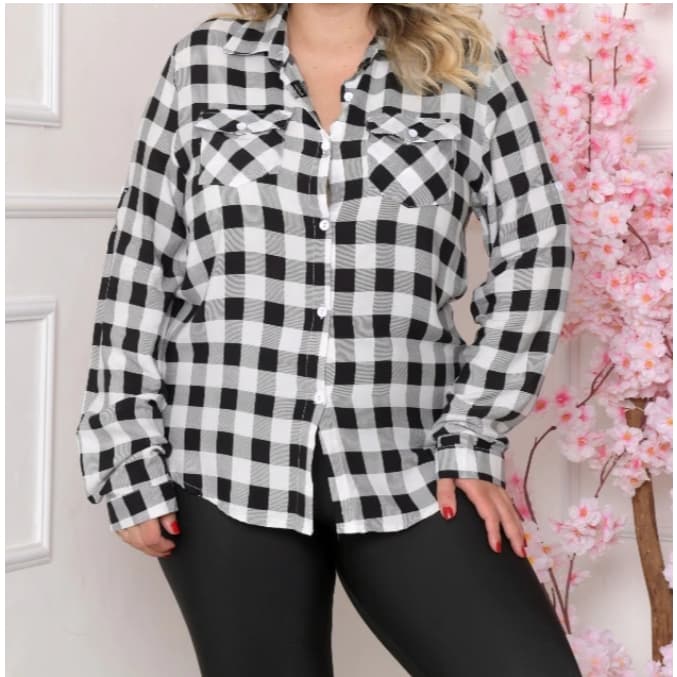 Camisa plus size Feminina Manga Longa Xadrez Festa Junina Casual estiloso rodeio