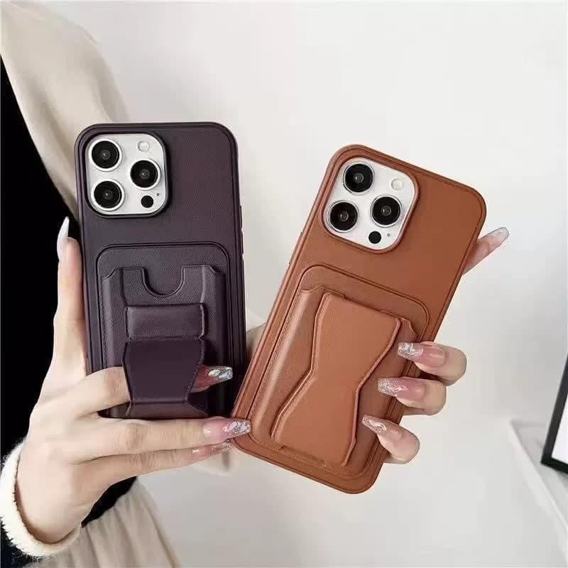 Capa de celular multifuncional com porta-cartões e suporte dobrável de couro sensível ao toque para iPhone