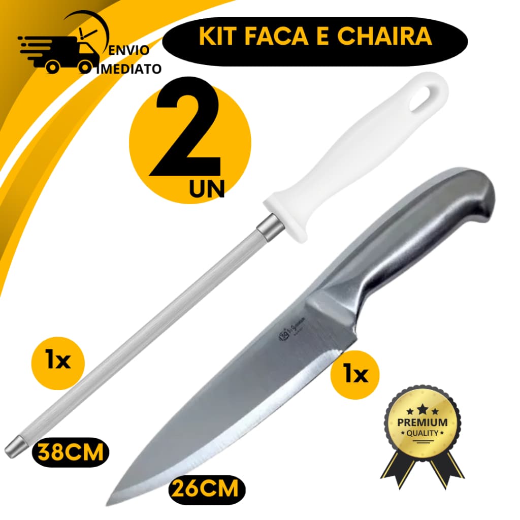 Kit Chaira Faca Peixeira Inox Afiador Profissional Açougue Churrasco Cozinha Para  Diario Doméstico