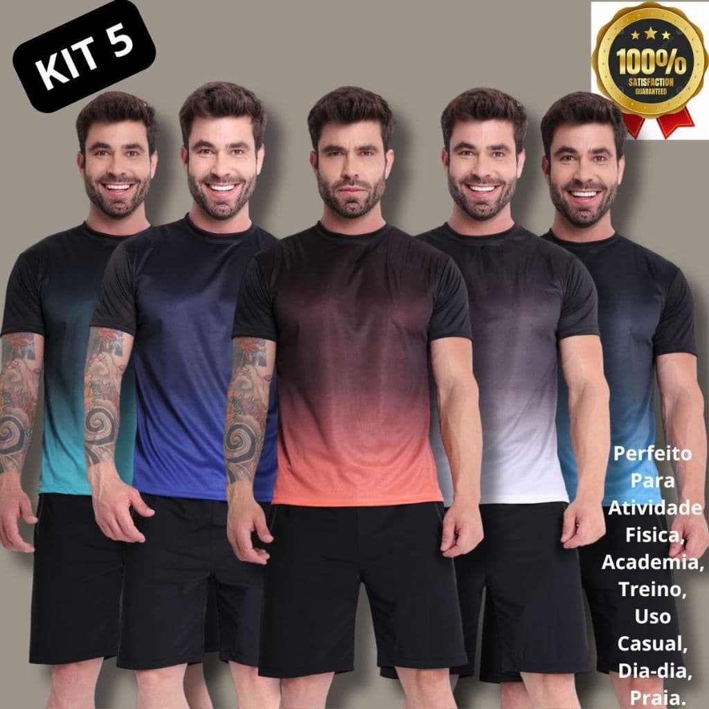Kit 5 Camisetas Dry Fit Masculina Gradiente - Casual - Treino - Academia - Esportes - Exercícios - Corrida