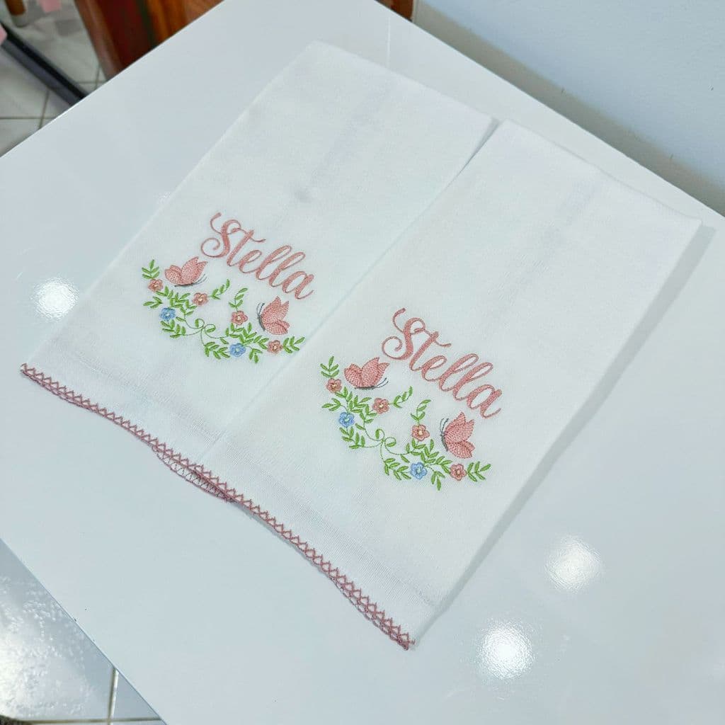 Kit de pano de ombro bordado duas unidade borboletas e flores rose personalizado com nome