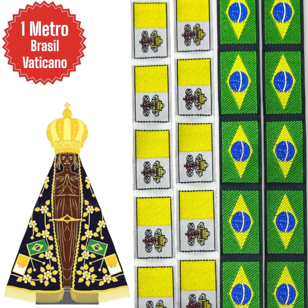 Bandeirinha de Gorgurão Brasil e Vaticano Manto Nossa Senhora de Aparecida 1 Metro 15mm