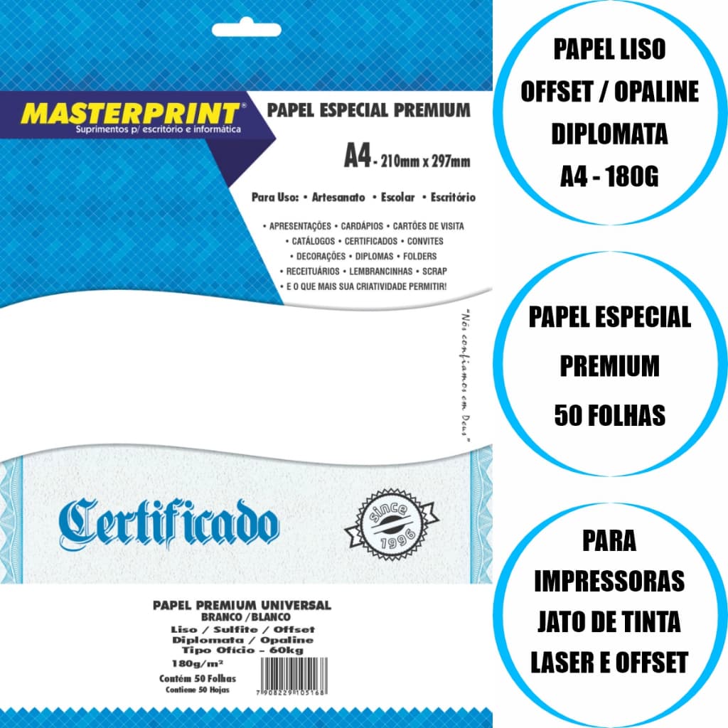 Papel Offset Opaline Liso 50 Folhas 180g Tamanho A4 Branco Diplomata Masterprint