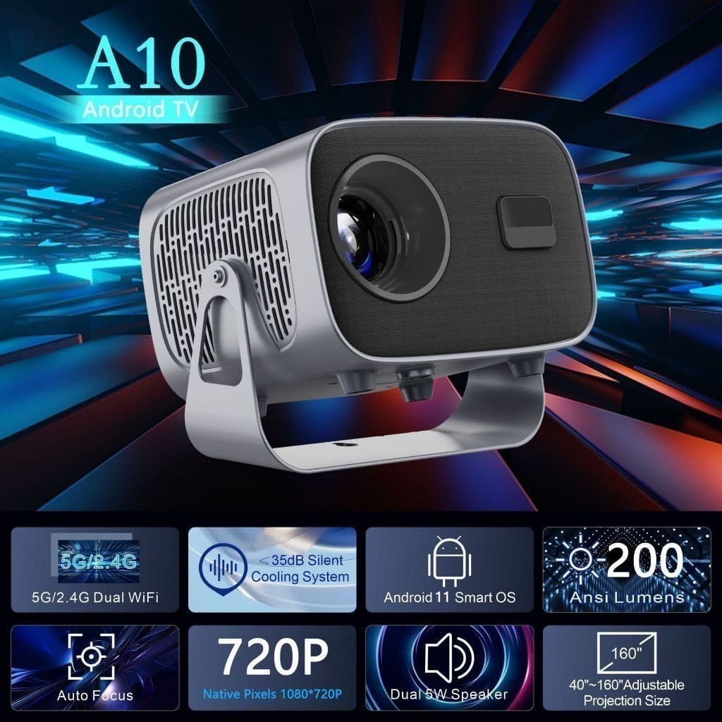 PatrikCasa Projetor 4K A10 | Android TV | Wi-Fi 6 Dual Band | Bluetooth 5.0 | Portátil | HDMI USB