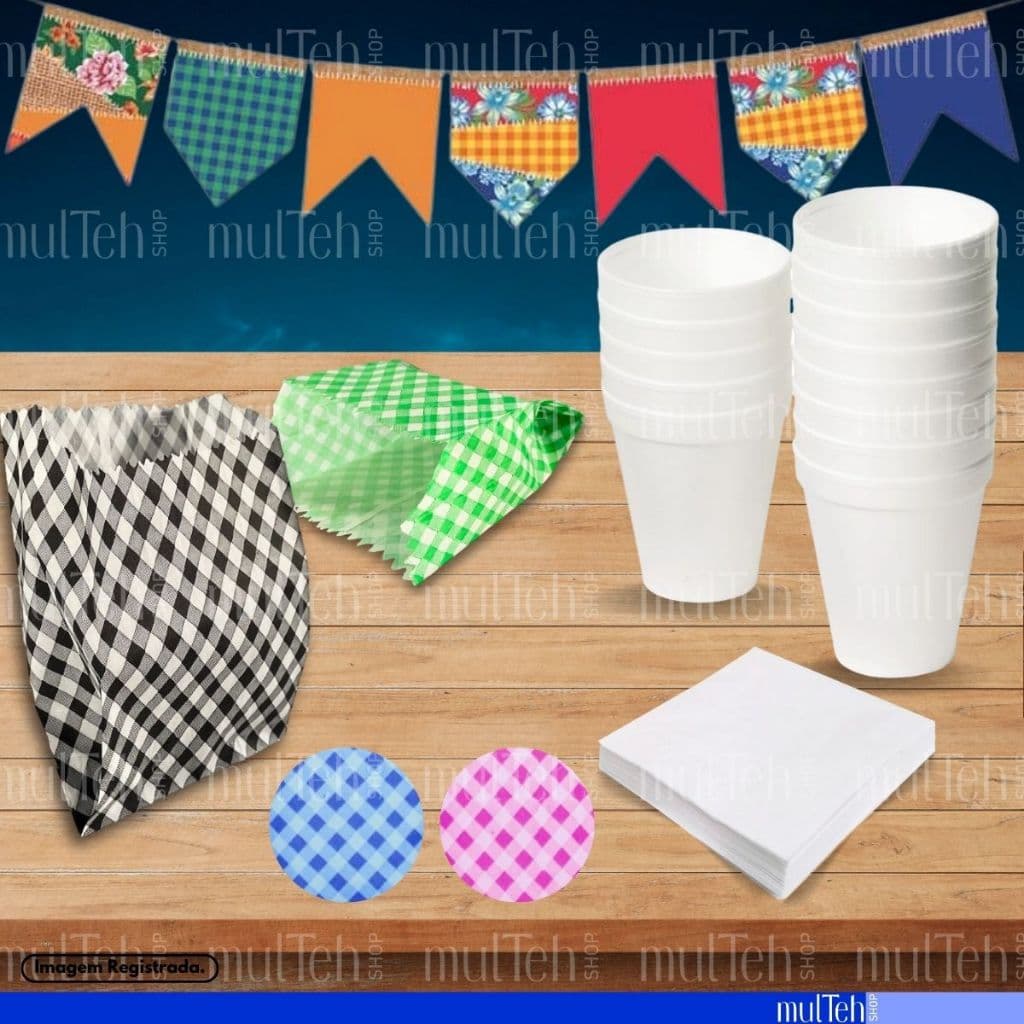 Kit Descartáveis Festa Junina Copo 180ml Isopor Saquinho Xadrez de Pipoca Guardanapo São João