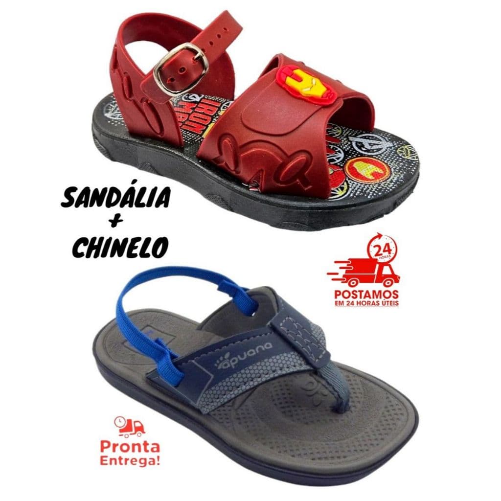 Kit 2 Pares Sandália Baby Masculino Personagem Heróis + Chinelo Baby Menino Elástico Promoção