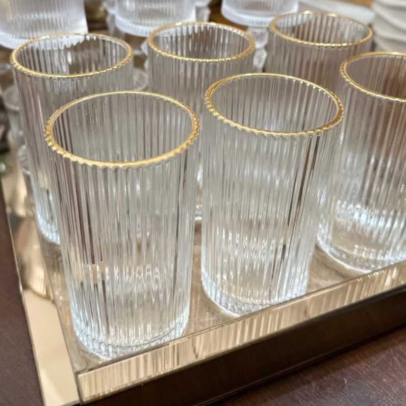 Jogo de 6 Copos de Vidro 460ML Borda Dourada Canelado