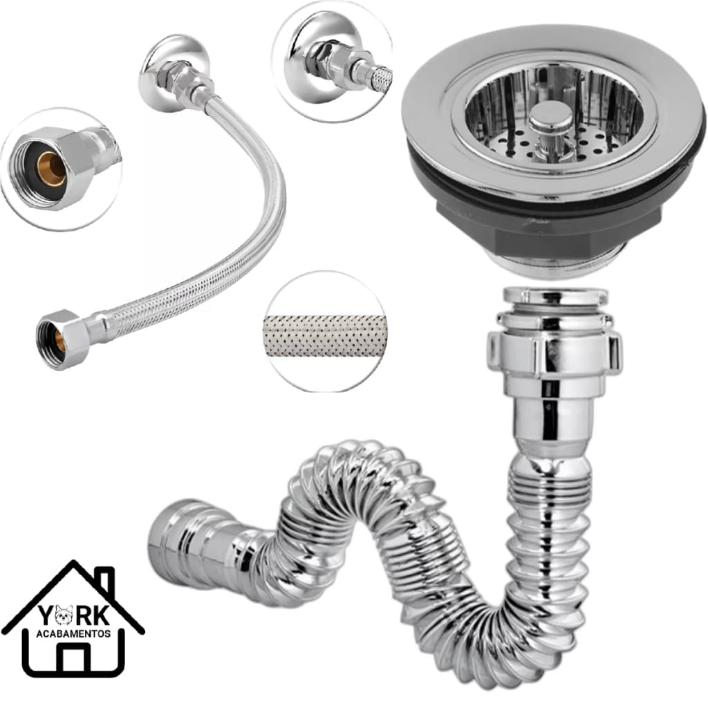 Kit Sifão Tubo Sanfonado Cromado + Engate Flexível 60cm + Válvula Americana 3.1/2" P/ Pia de Cozinha