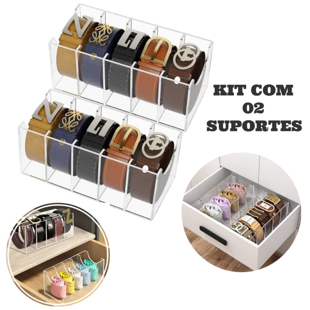Kit 2 Organizador de Cintos em Acrílico Transparente 5 Compartimentos Expositor Closet Guarda Roupa