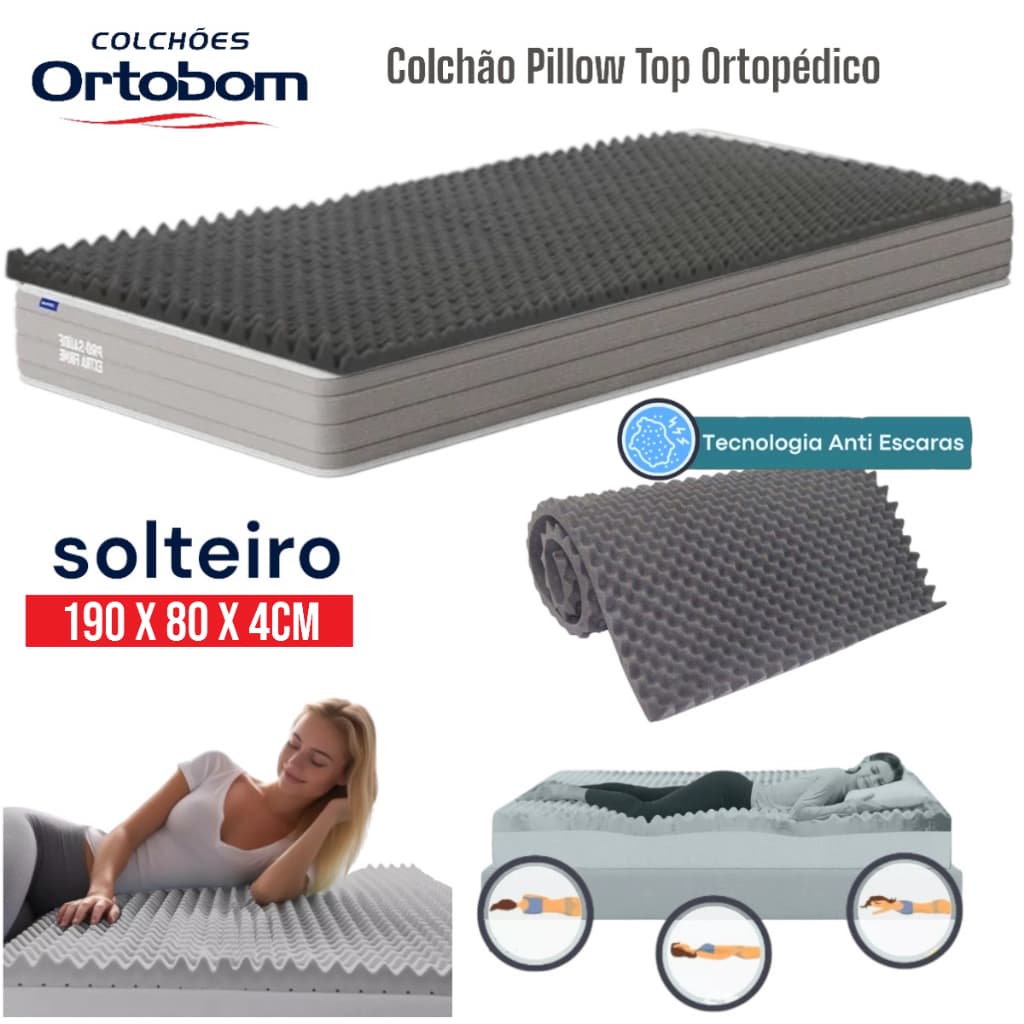 Colchão Pillow Top Ortobom Solteiro Casca de ovo Espuma Ortopédico Anti Escaras colchonete