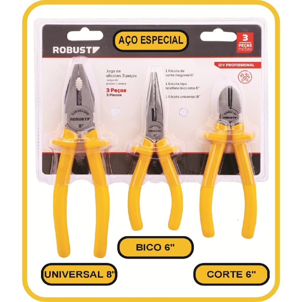 Kit 3 Alicate Eletricista Profissional Jogo Com Universal Bico Corte - ROBUST