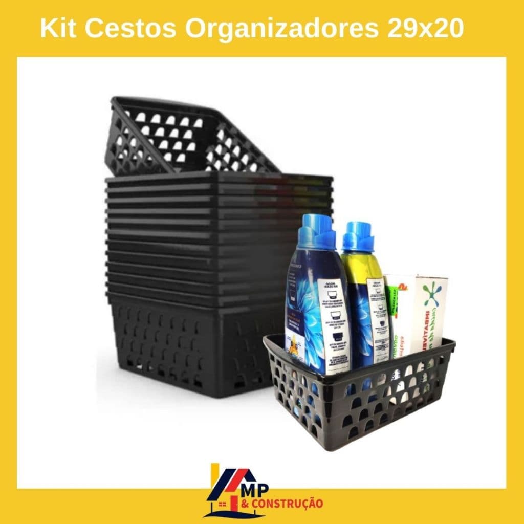 Kit 12 Cestos 29x20 Grande Preto Organizador de Armário