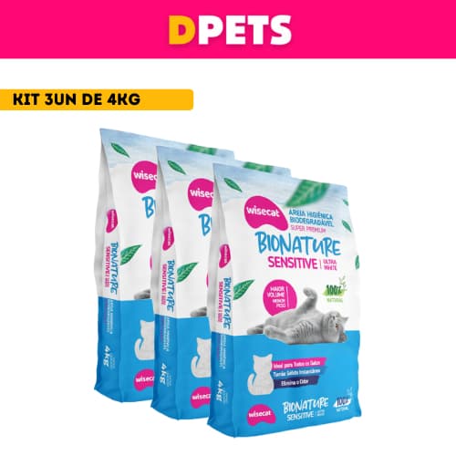 Areia Higiênica De Mandioca Biodegradável Para Gatos Wisecat Bionature Sensitive Kit 3un de 4kg
