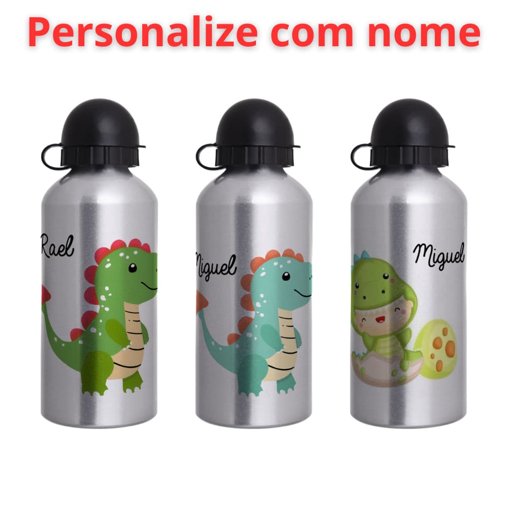 Garrafa Squeeze Infantil de alumínio  com 500ml  - Personalizada com nome -Dinossauro Baby