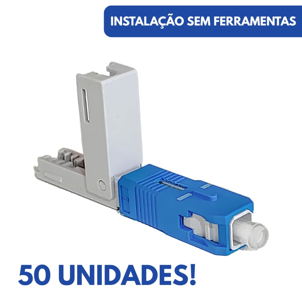 KIT 50 Conector Fibra Óptica SC/UPC Azul Reutilizável, Tipo Clique, One Click Fast
