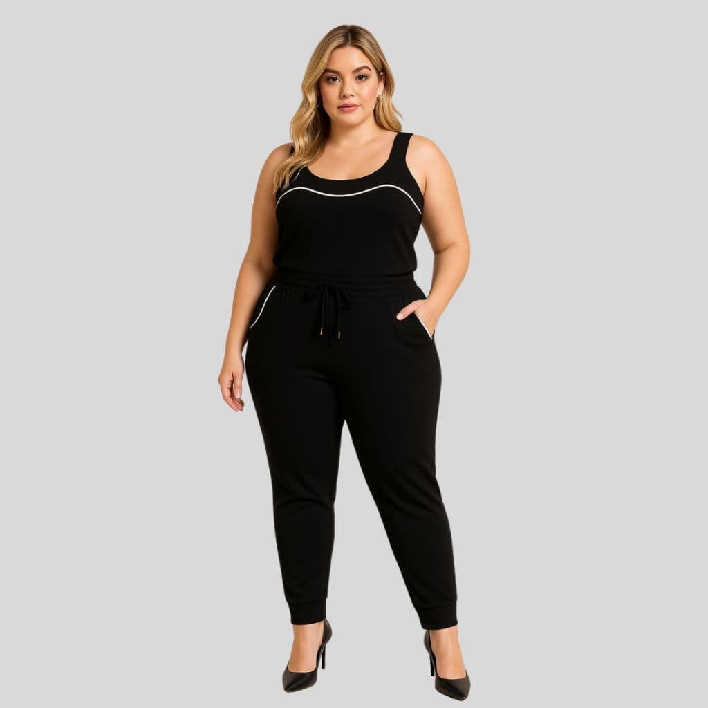 Conjunto Blusa e Calça Plus Size Feminino. Conjunto Plus Size Feminino no Crepe de Malha com Regata.