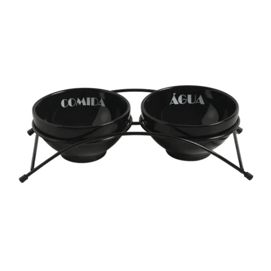Kit Comedouro e Bebedouro Elevado com Suporte Pet Cachorro Médio 350ml Cerâmica Preto/Branco