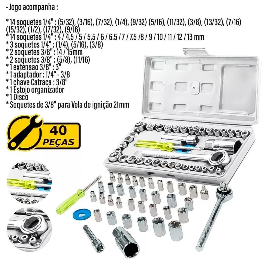 Kit Jogo De Ferramentas 46 Pçs Com Chave De Vela + Chaves Combinada Soquetes Aço Carbono Resistente