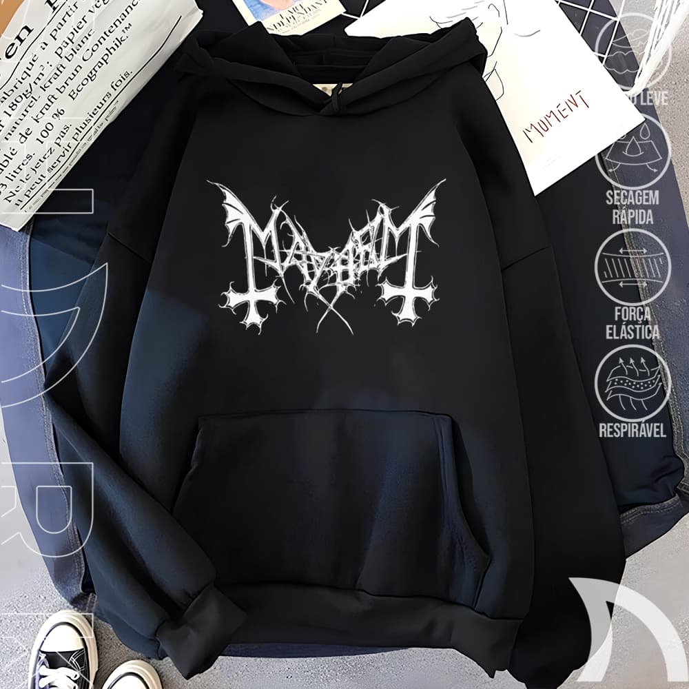 Moletom Canguru Blusa De Frio Mayhem Banda Black Metal Logo Rock n Roll Vintage Unissex