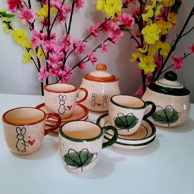 Açucareiro Com Tampa Kit com Duas Xícaras Café Com Dois Pires Cerâmica Pintado a mão