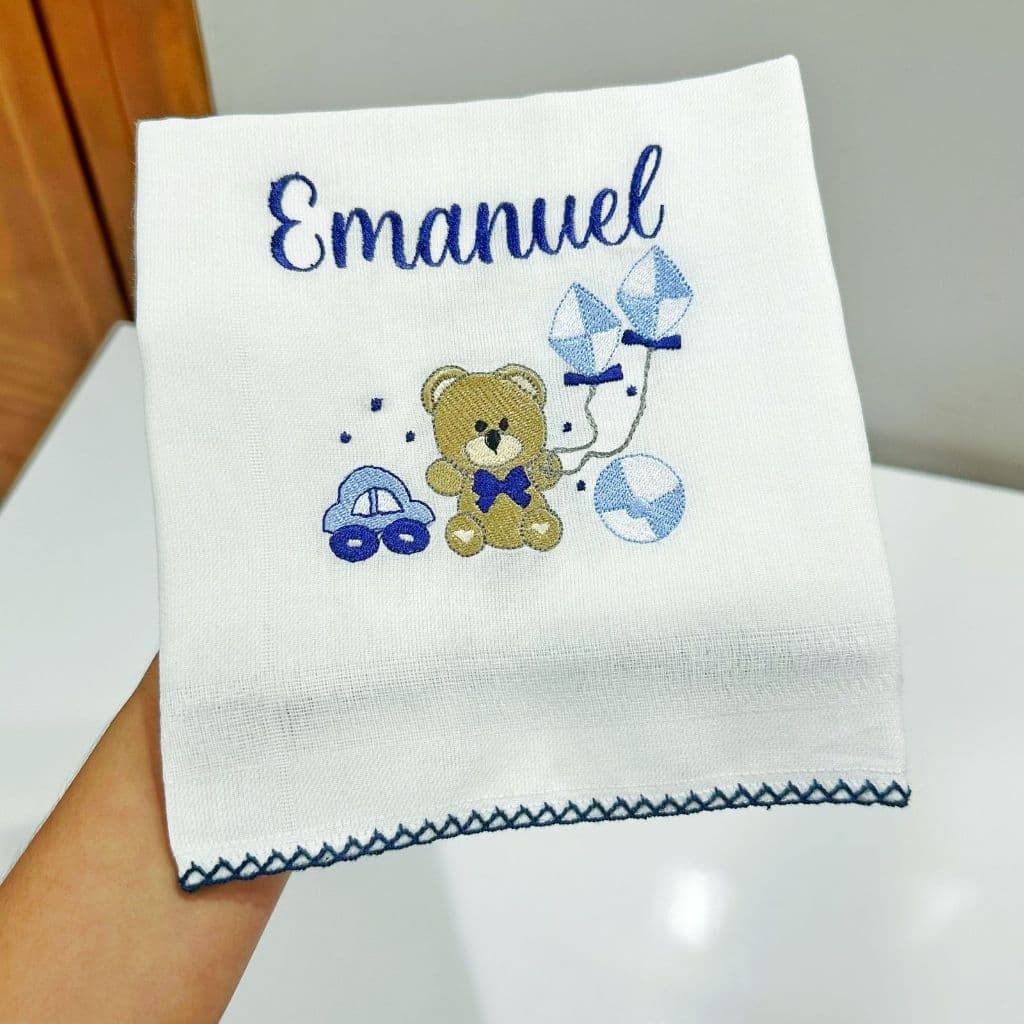 Fralda de pano kit ombro e boca menino URSO URSINHO azul marinho bordado com nome personalizado
