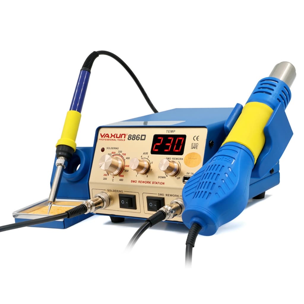 Estação YX-886D 2 em 1 Ferro Solda e Soprador Ar Quente Yaxun SMD Display Digital Retrabalho