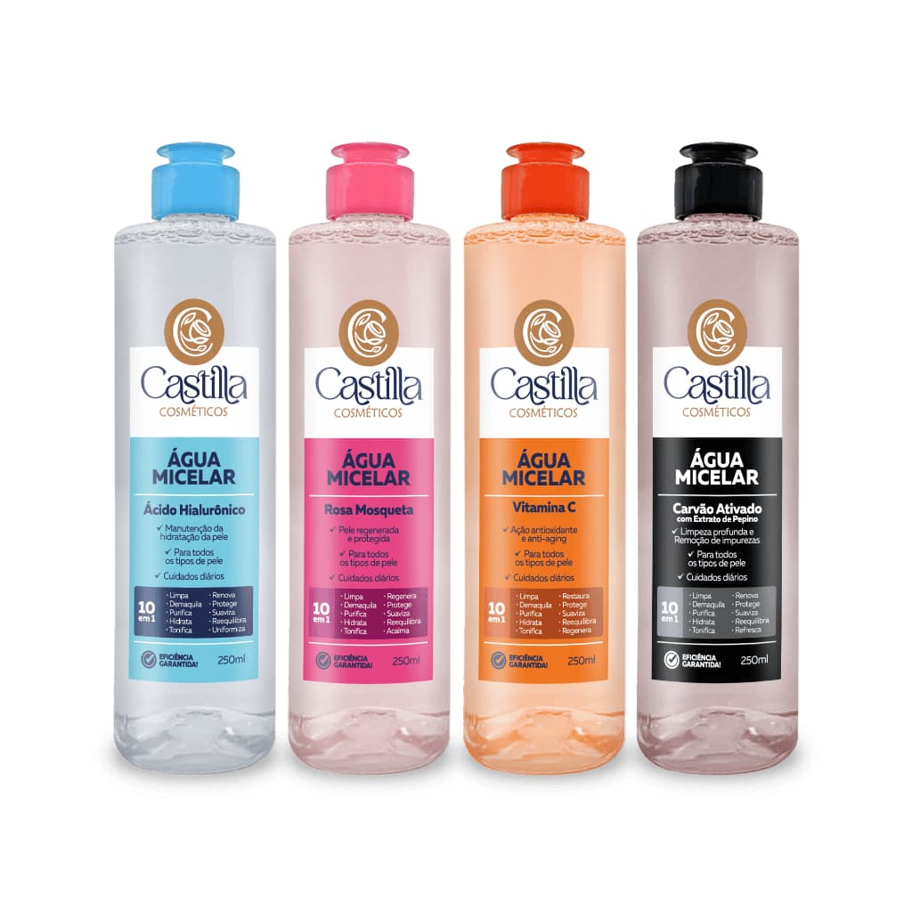 Água Micelar Castilla 250mL 10 em 1 | Rosa Mosqueta, Vitamina C, Carvão ou Ácido Hialurônico