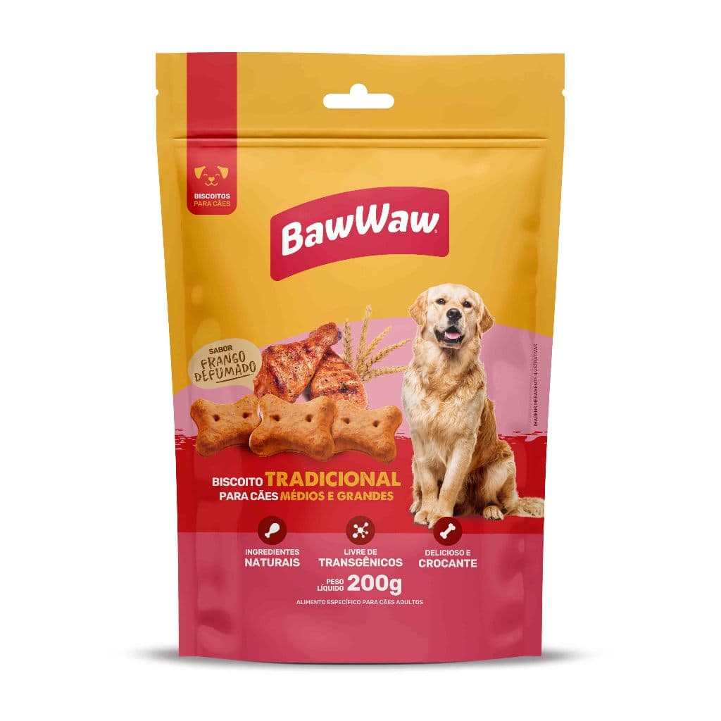 Baw Waw biscoito petisco snack sabor frango defumado p/ cães adultos médio e grande porte 200g